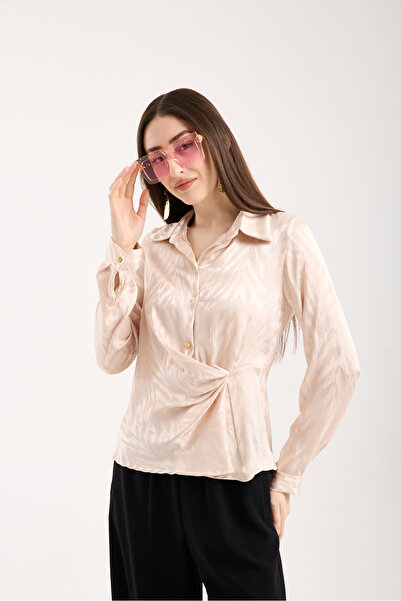 Moda Days Half Placket Gathered Front Satin Jacquard Shirt