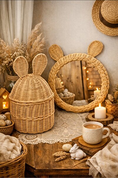 Luvi Rattan kulaklı dekoratif sepet+ayna seti