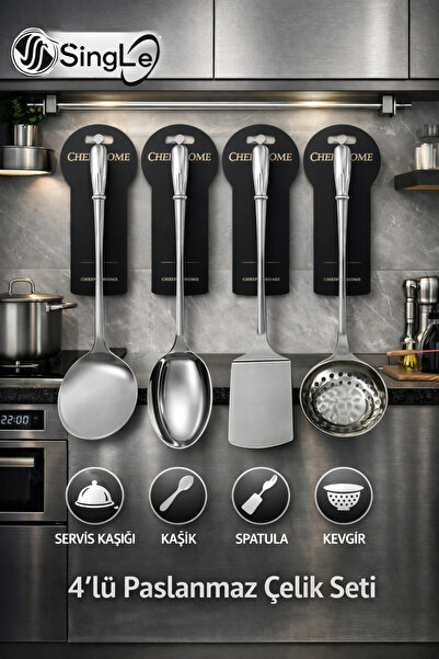 Single Our 4-Piece Stainless Steel Spoon, Spatula, Colander, Serving Spoon Se...