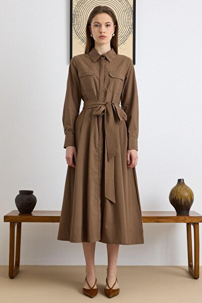 Olcay Button Closure Pleated Detailed Cotton Dress S.Brown 9417-E