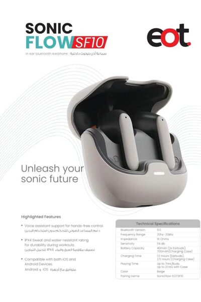 EOTO سماعات أذن لاسلكية حقيقية من نوع eot SonicFlow SF10، بلوتوث 6.0، شحن من النوع C، مقاومة للماء والعرق بمعيار IPX4، تقنية الذكاء الاصطناعي A