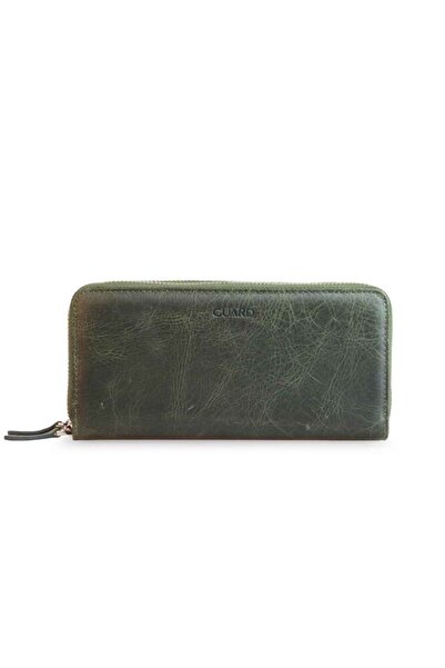 GUARD حقيبة يد من الجلد الطبيعي باللون الأخضر المجنون بسحاب مزدوج // GRD26022...