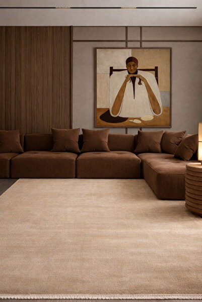 Vog Halı Alva Açık Bej Tek Renk Düz Modern Sade Minimal Klasik Saçaklı Korido...