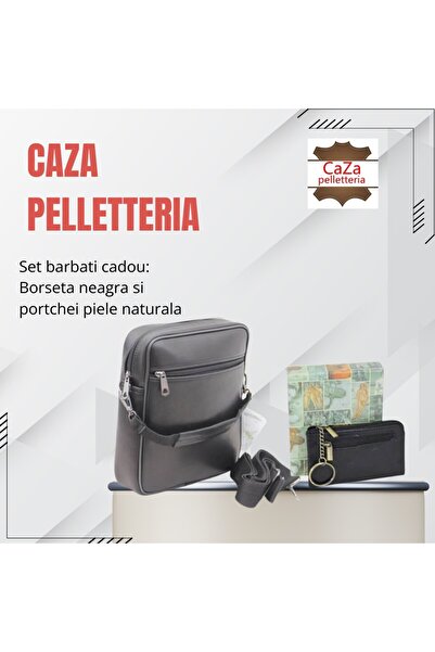 CaZa Pelletteria Set barbati cadou – borseta neagra si portchei din piele nat...