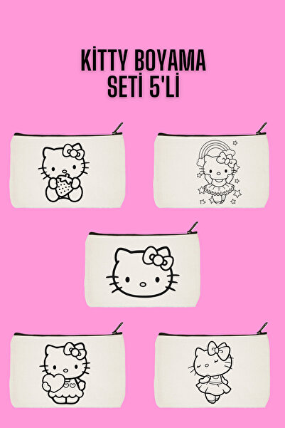 designedfy Hello Kitty Kalemlik Boyama Çantası 5'li Set, Makyaj Çantası