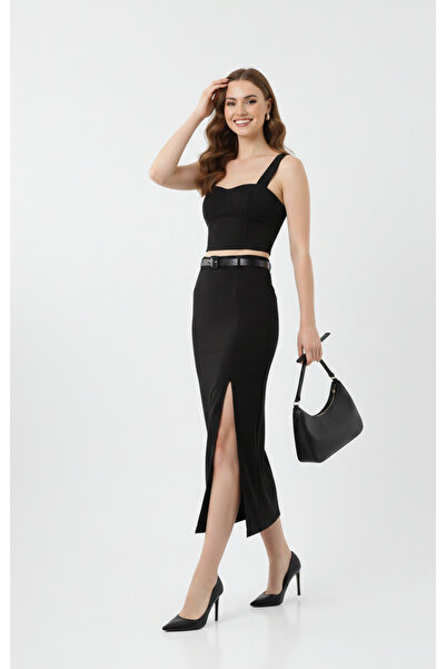 MAİMODA Women's Belted Suede Maxi Pencil Skirt