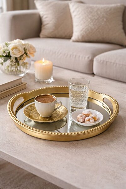 Yavuzhan Metal Lüks Gold Aynalı Yuvarlak Sunum Tepsisi – Kulplu – 30 cm – Dek...