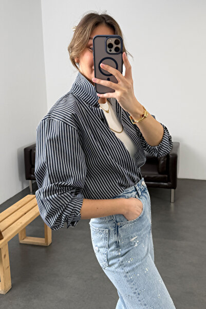 5in1Canpolat Navy Blue Striped Poplin Shirt 37116