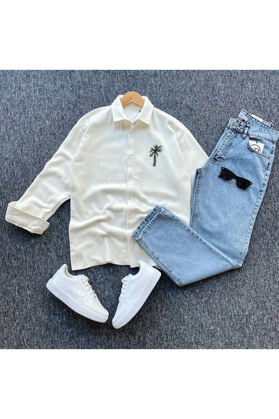 PRİME MODA Embroidered Cashmere Shirt and Denim Trousers 2-Piece Set