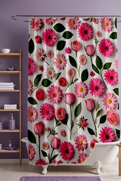 EVPANYA Perdeau de baie, perdea de dus cu model flori roz, perdea de cada 175...