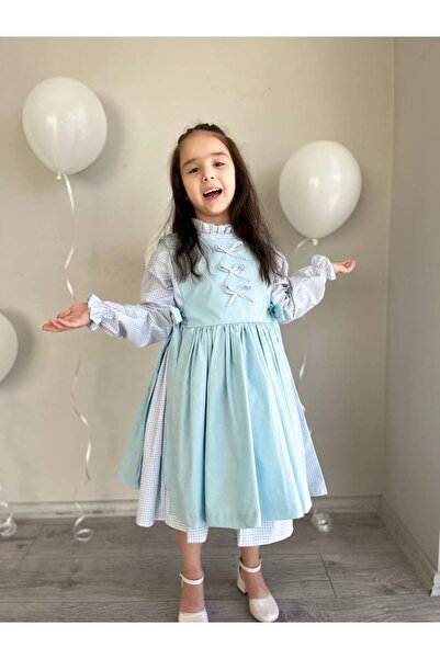 Sare Çocuk Giyim Girl's Blue Gingham 100% Cotton Double Dress + Buckle – Retr...