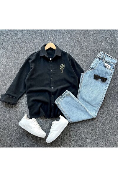 PRİME MODA Embroidered Cashmere Shirt and Denim Trousers 2-Piece Set