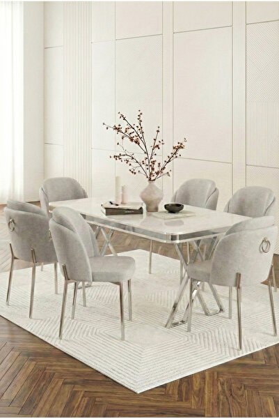 Rigella Max Chrome 80x130 MDF Fixed Table Metal Leg + 6 Wipeable Chairs OPEN GRAY