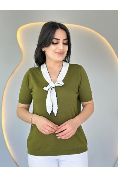 civetta Women's Short Sleeve V-Neck Scarf Detail Mercerized Knitwear Blouse