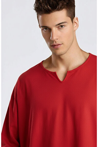 arakan Erkek Beyaz Uzun Kollu Yırtmaç Yaka Oversize Tişört Basic Rahat Kesim ...