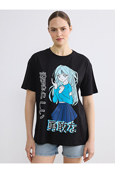 LC Waikiki Black Crew Neck Printed Women's T-Shirt