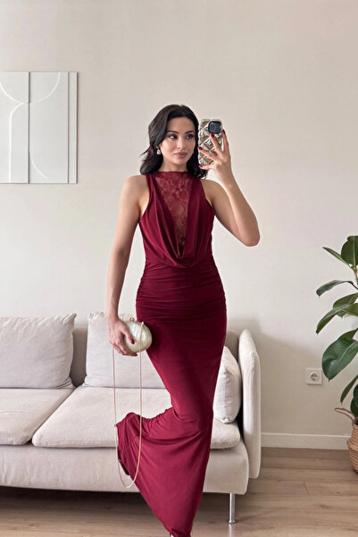 MOZENA Φόρεμα Degaje Yaka Δαντέλα με λεπτομέρειες, μακρύ, μέγεθος Με σούρες