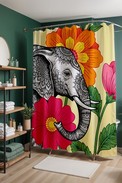 EVPANYA Perdeau de baie, elefant și flori cu model perdele de duș, perdea pen...