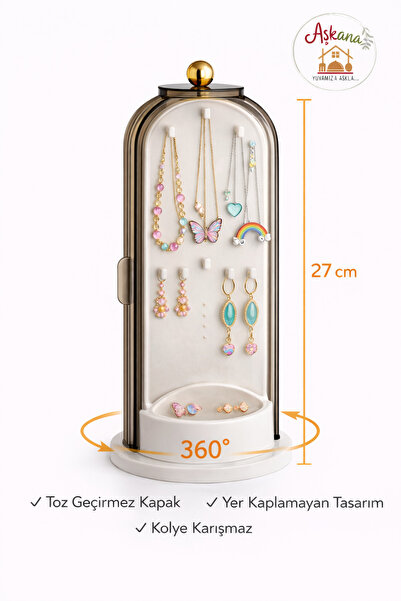 Aşkana Kapaklı,360 Derece Dönen Takı Organizeri,Şeffaf Akrilik,Kolye,Küpe,Yüz...