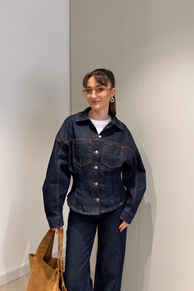 MAGARDE Jachetă din denim cu detalii cu șnur în talie - ALBASTRU ÎNCHIS