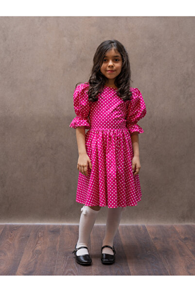 KÜÇÜĞÜM BUTİK Rochie pentru fete, fucsia, cu buline piese, cu curea, poplin cloș