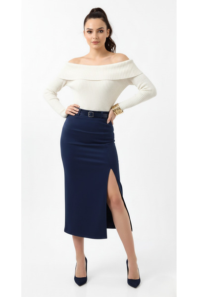 MAİMODA Women's Belted Suede Maxi Pencil Skirt