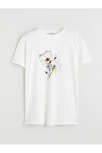 LC Waikiki GiyÇık Store den Ekru Bisiklet Yaka Çiçekli Kadın Tişört
