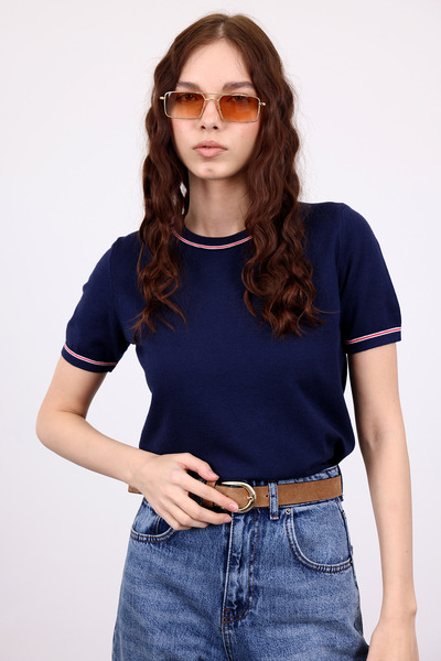 5in1Canpolat Tricotaj cu mânecă scurtă bleumarin detaliu cu dungi