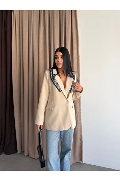 ParlaMira Blazer de damă cu detalii șal în culoarea piatră cu căptușeală