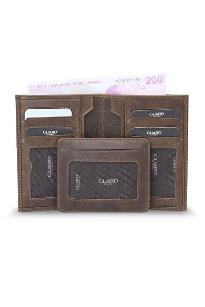 GUARD Antique Brown Genuine Leather Men's Wallet with Removable Hidden Card H...