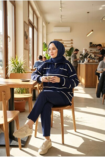 Kirazca Butik Pulover tunică tricotat cu fermoar pentru femei cu dungi