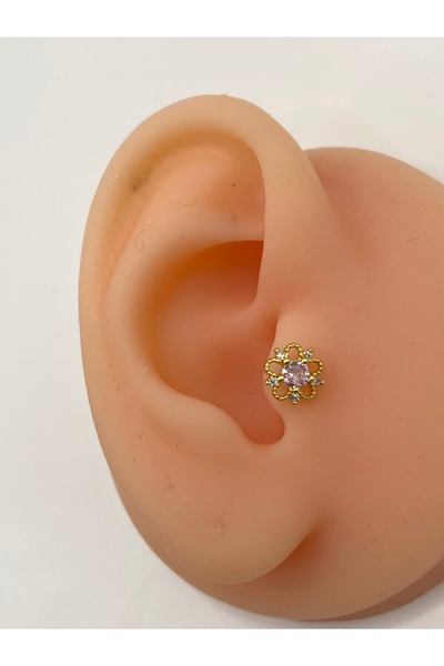 kurukafagift Çelik Piercing Ortası Pembe Taşlı Helix Tragus Lob Kıkırdak Çiçe...