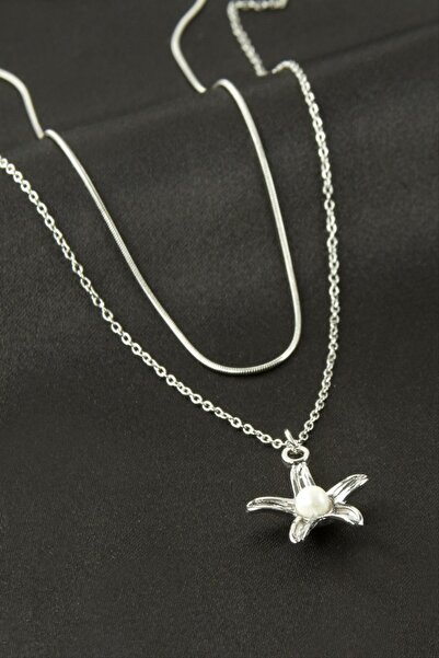 ZERO LAND Nrzsnt Daisy Pearl Double Steel Necklace - (04021) Silver Color