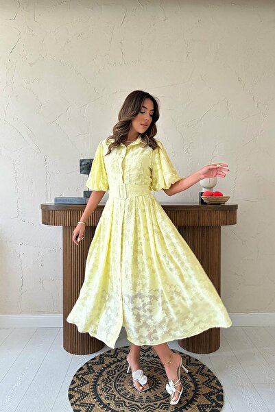 Caddebostan Moda Belt Balloon Sleeves Jacquard Shirt Collar Midi Length Dress