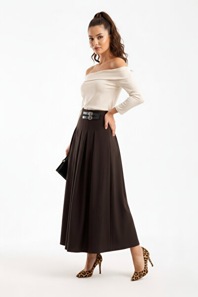 MAİMODA Women's Buckle Detailed Pleated Modest Skirt