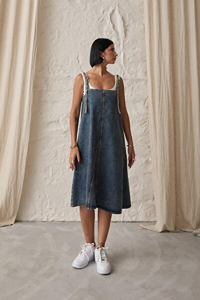 Caddebostan Moda Strap Detailed Midi Length Denim Dress with Strap Detail