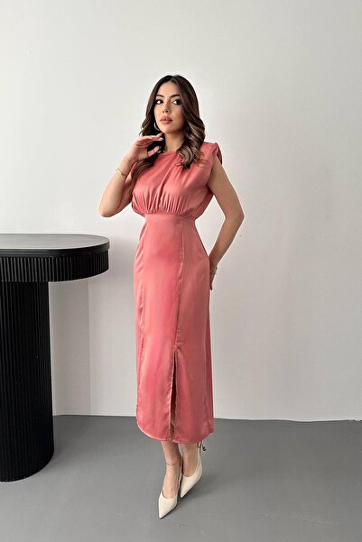 Caddebostan Moda Helen Model Satin Slit Midi Length Stylish Evening Dress