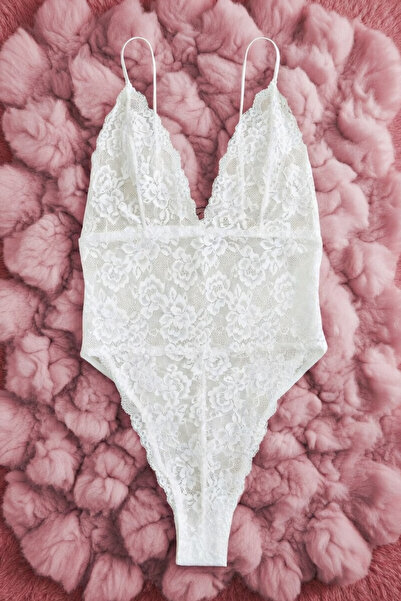 ZENCHES Kadın Beyaz Dantel İşlemeli Babydoll/Bodysuit