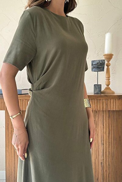 Caddebostan Moda Crew Neck Pleated Short Sleeve Woven Maxi Size Women's Dress