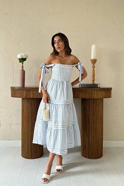 Caddebostan Moda Women's Off-The-Shoulder Tie-Detail Striped Square Collar La...