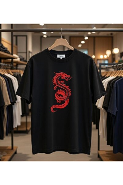 playwear Red Dragon Print Detailed Oversize T-Shirt Regular Fit 100% Cotton T...