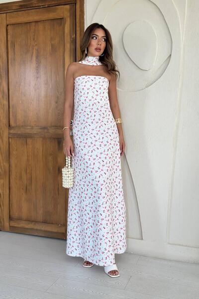Caddebostan Moda Strapless Floral Print Satin Maxi Dress with Halter Neck Scarf