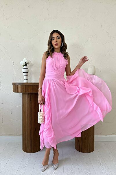 Caddebostan Moda Ruched Ruffles in Front Halter Neck Chiffon Evening Dress