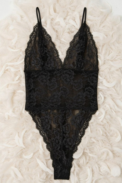 ZENCHES Kadın Siyah Dantel İşlemeli Babydoll/Bodysuit