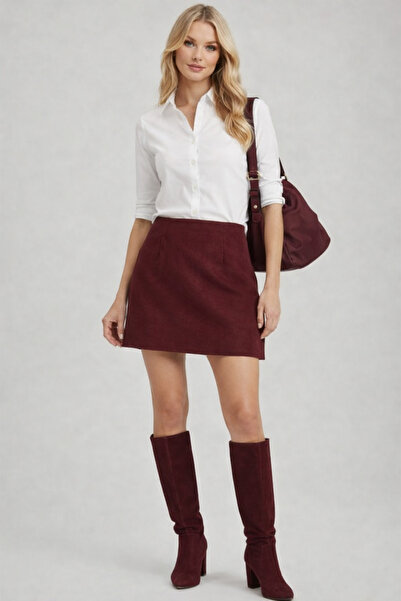 DEMİR BORAN TEKSTİL Premier Kadın Bordo Dokuma Süet Mini Etek İç Göstermez A ...