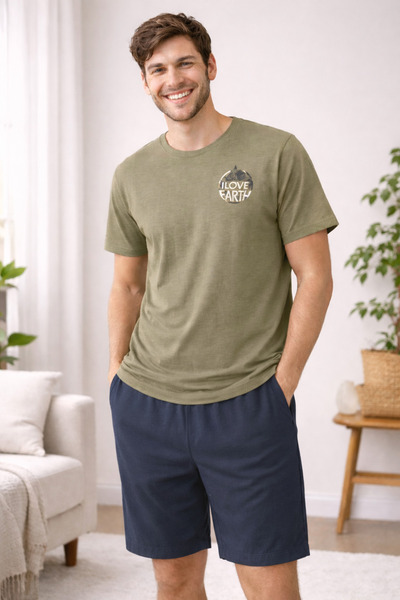 Nouval طقم بيجامة رجالي مطبوع باللون الكاكي