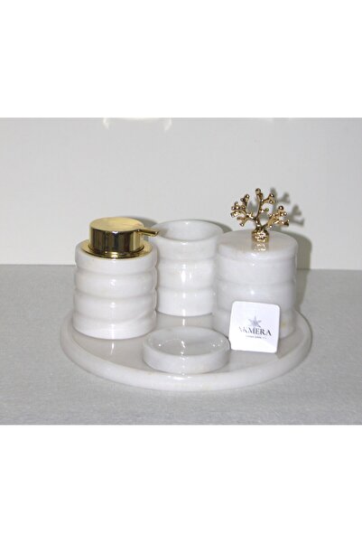 Akmera Home 5 Piece Luxury Gold Detailed 100% Marble Bathroom Set