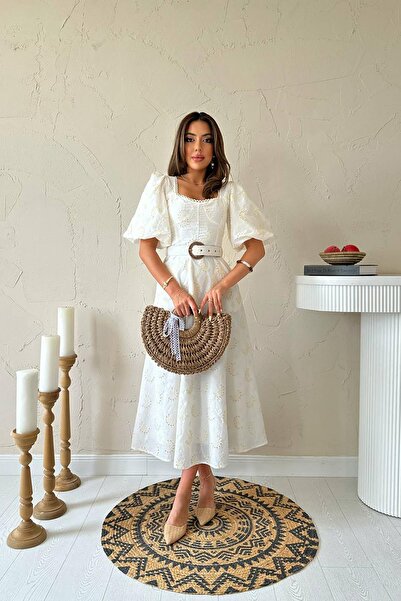 Caddebostan Moda Chest Cup Detailed Belt Piece Embroidered Dress Square Neck ...