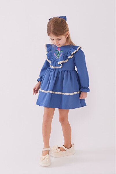 TINY BEAR Çiçek Nakışlı Fırfır Detaylı Mavi Kız Çocuk Elbise (Toka Hediyeli)