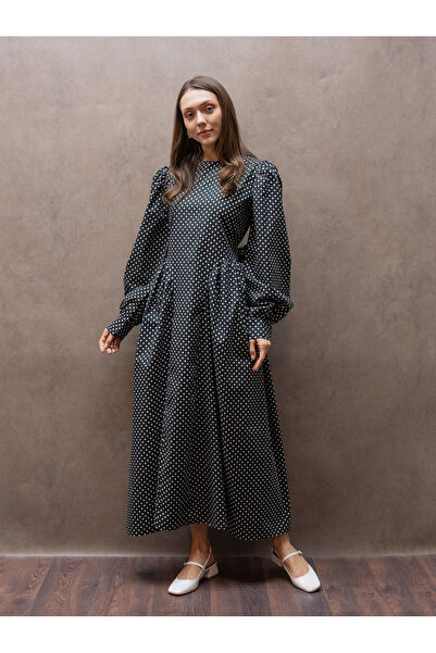 KÜÇÜĞÜM BUTİK Pleated Black Polka Dot Poplin Long Women's Dress